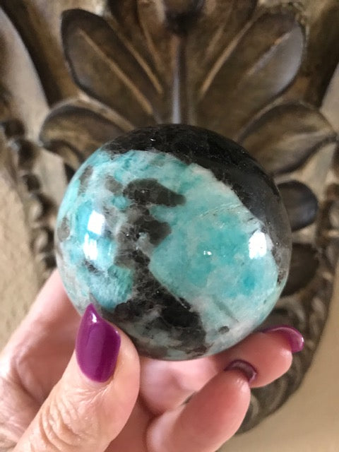 Flashy Amazonite hot and Smokey Quartz Sphere