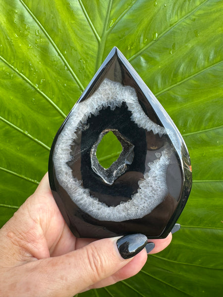 Teardrop-shaped black and white agate crystal flame held in a hand with a green leafy background
