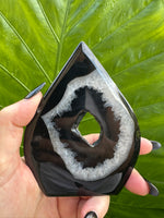 Teardrop-shaped black and white agate crystal flame held in a hand with a green leafy background-3
