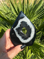 Teardrop-shaped black and white agate crystal flame held in a hand with a green leafy background-5