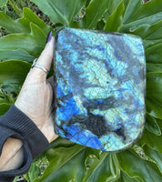 high flash labradorite freeform slab - green and blue