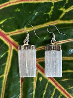 Rectangular selenite crystal earrings with gold accents on a leafy green background