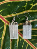 Rectangular selenite crystal earrings with gold accents on a leafy green background