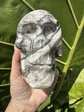 Polished Zebra Onyx Skull Carving – Banded Aragonite / Calcite (1.5 lbs)