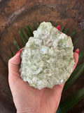 Green Apophyllite Crystal on a woman's hand over a brown wood bowl