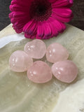 several pink rose quartz crystal hearts on a white plate by a hot pink gerbera daisy