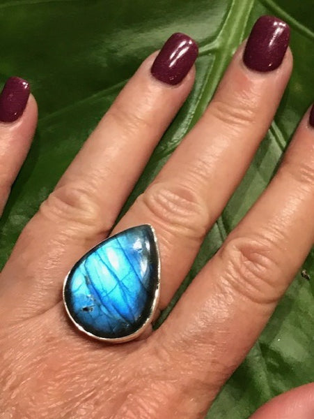 labradorite crystal pear shaped ring